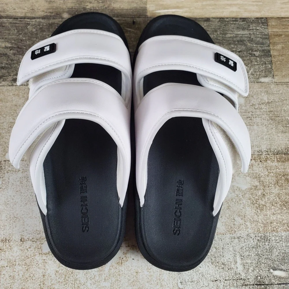 Seichi‎ Senko Mens Slide Sandals Sz 8 White Leather Double Strap Hook & Loop
